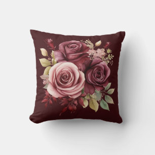Burgundy Red Roses Classic Floral  Cushion