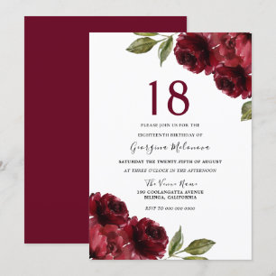 Burgundy Red Roses Elegant 18th Birthday Party Invitation