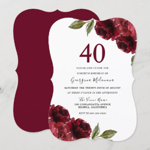 Burgundy Red Roses Elegant 40th Birthday Party Invitation
