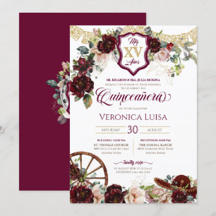 Burgundy Red Roses Elegant Charro Quinceanera Invi Invitation
