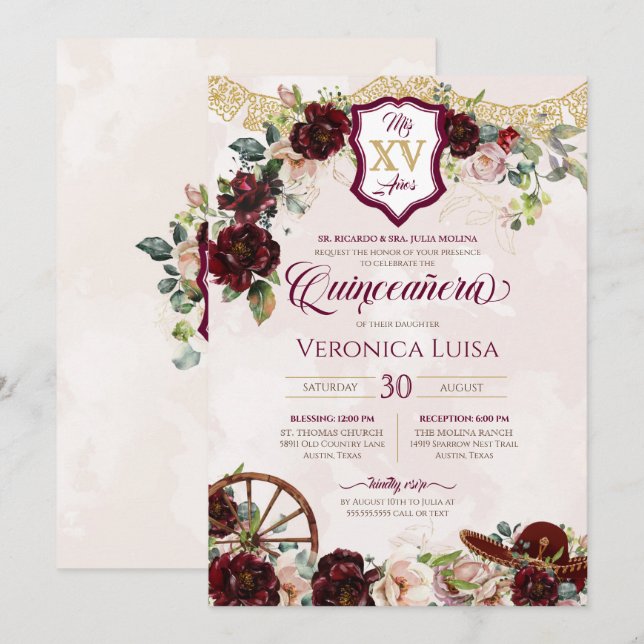 Burgundy Red Roses Elegant Charro Quinceanera Invitation (Front/Back)