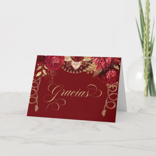 Burgundy Red Roses Elegant Charro Western Spanish Thank You Card (Front)