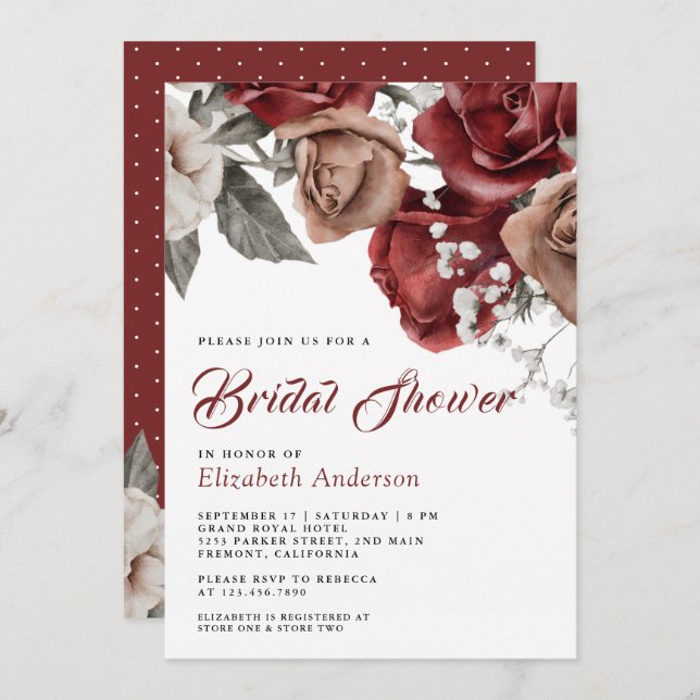 Burgundy Red Roses Floral Bridal Shower Invitation (Front/Back)