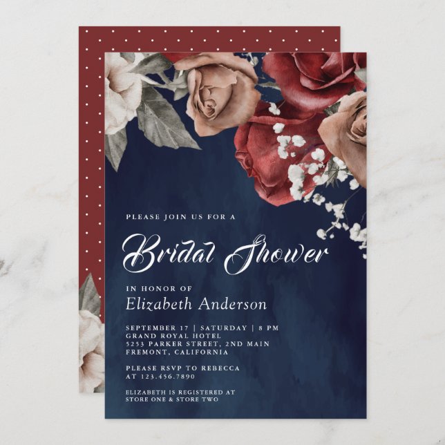 Burgundy Red Roses Floral Navy Blue Bridal Shower Invitation (Front/Back)
