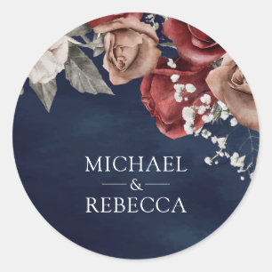 Burgundy Red Roses Floral Navy Blue Wedding Favor Classic Round Sticker