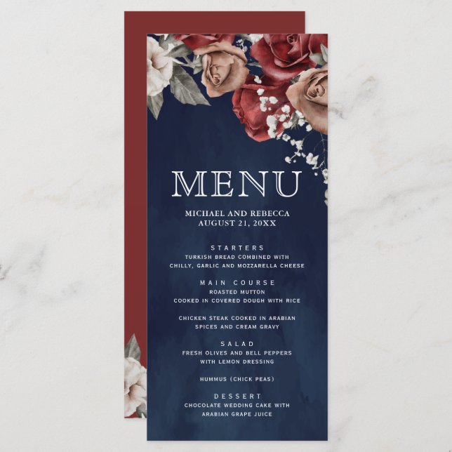 Burgundy Red Roses Floral Navy Blue Wedding Menu (Front/Back)