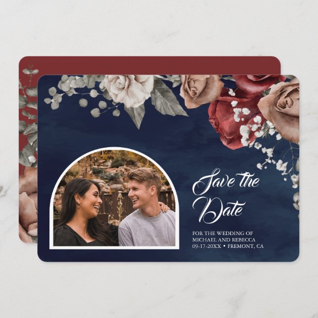 Burgundy Red Roses Floral Navy Blue Wedding Photo Save The Date (Front/Back)