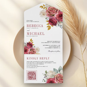 Burgundy Red Roses Floral QR Code Wedding All In One Invitation
