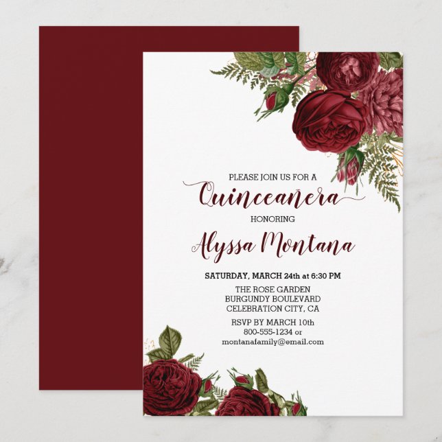 Burgundy Red Roses Floral Quinceanera Invitation (Front/Back)
