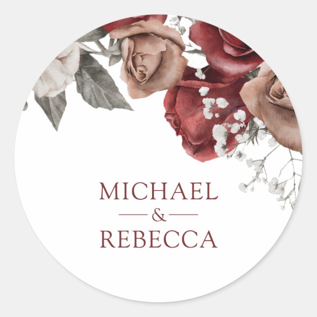 Burgundy Red Roses Floral Wedding Favor Classic Round Sticker (Front)