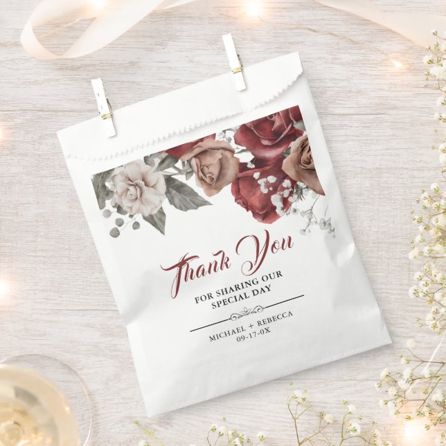 Burgundy Red Roses Floral Wedding Favour Bags (Clipped)