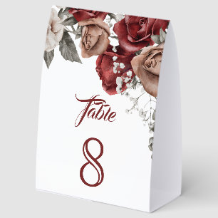 Burgundy Red Roses Floral Wedding Table Number