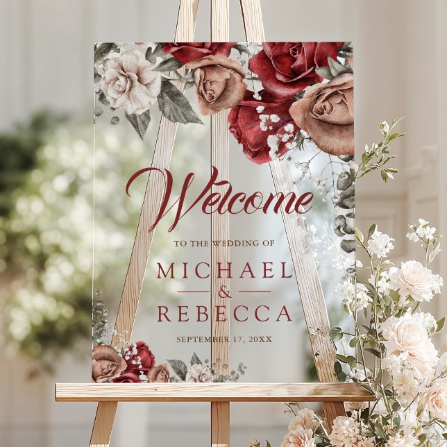 Burgundy Red Roses Floral Wedding Welcome Acrylic Sign (Creator Uploaded)