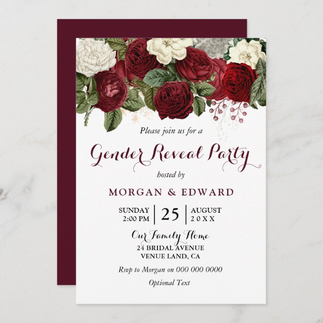 Burgundy Red Roses Gender Reveal Party Invite (Front/Back)