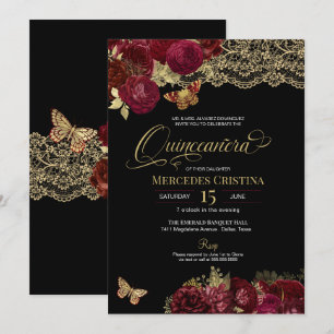 Burgundy Red Roses Gold Lace Butterfly Quinceañera Invitation