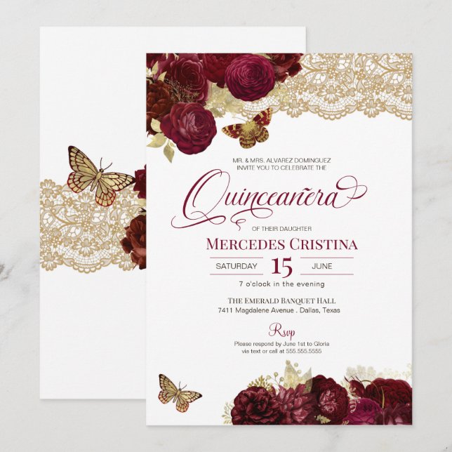 Burgundy Red Roses Gold Lace Butterfly Quinceañera Invitation (Front/Back)