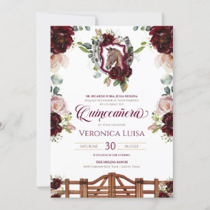 Burgundy Red Roses Horse Crest Rustic Quinceanera  Invitation