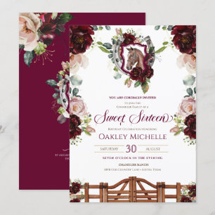 Burgundy Red Roses Horse Crest Sweet 16 Birthday I Invitation