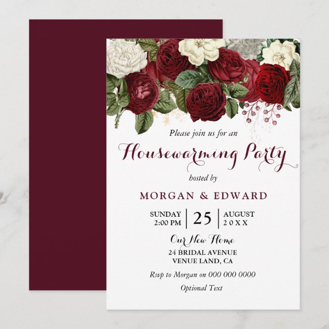 Burgundy Red Roses Housewarming Party Invite (Front/Back)
