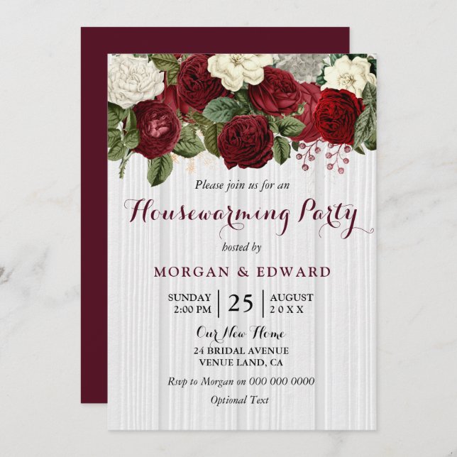 Burgundy Red Roses Housewarming Party Invite (Front/Back)
