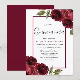 Burgundy Red Roses Modern Quinceanera Party Invitation