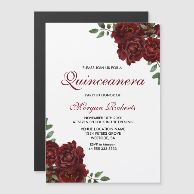 Burgundy Red Roses Modern Quinceanera Party Magnetic Invitation (Front/Back)