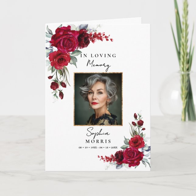Burgundy Red Roses Photo Memorial Funeral Program Card (Front)