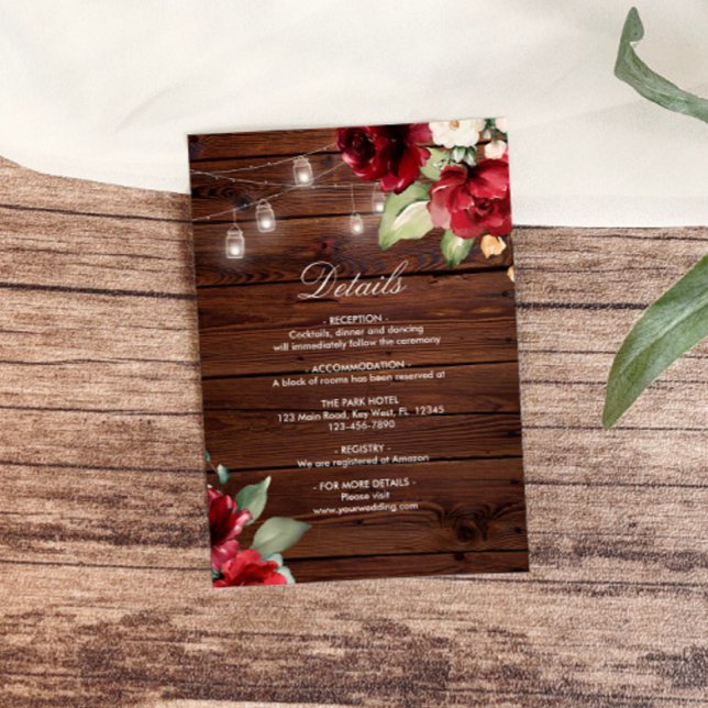 Burgundy Red Roses Rustic Wood Details Enclosure Card (Creator Uploaded)