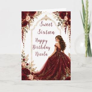 Burgundy Red Roses Sweet Sixteen Gold Party Card