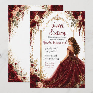 Burgundy Red Roses Sweet Sixteen Gold Party Invitation