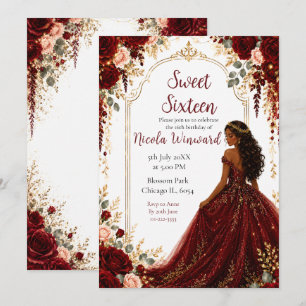 Burgundy Red Roses Sweet Sixteen Gold Party Invitation