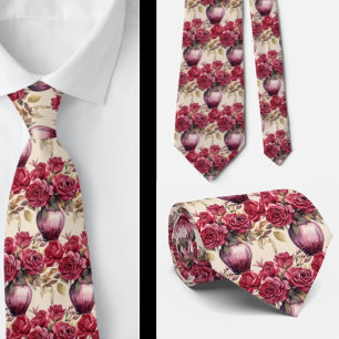 Burgundy Red Roses Watercolor Floral Tie