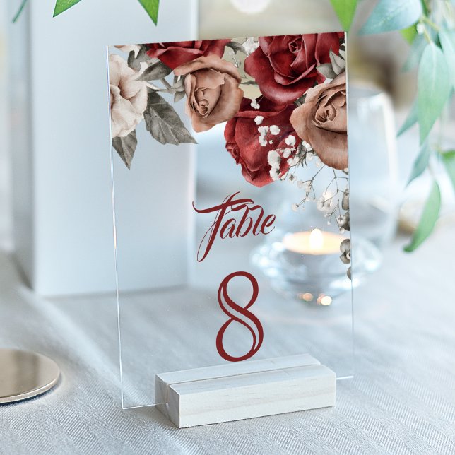 Burgundy Red Roses Wedding Acrylic Table Number (Creator Uploaded)