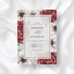 Burgundy Red Roses White Anemone Floral Wedding Invitation
