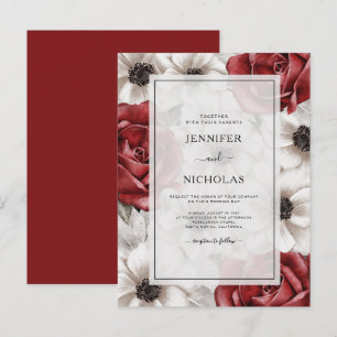 Burgundy Red Roses White Anemone Floral Wedding  Invitation Postcard