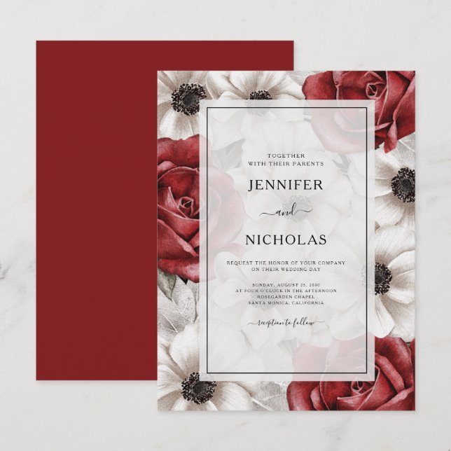 Burgundy Red Roses White Anemone Floral Wedding  Invitation Postcard (Front/Back)