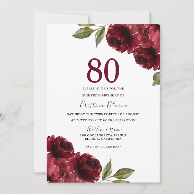 Burgundy Red Roses Womans 80th Birthday Party Invitation (Front)