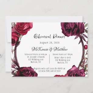 Burgundy Red Roses Wreath Rehearsal Dinner Invitation