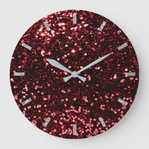 Burgundy Red Ruby Sparkly Faux Glitter Grey Glam Large Clock