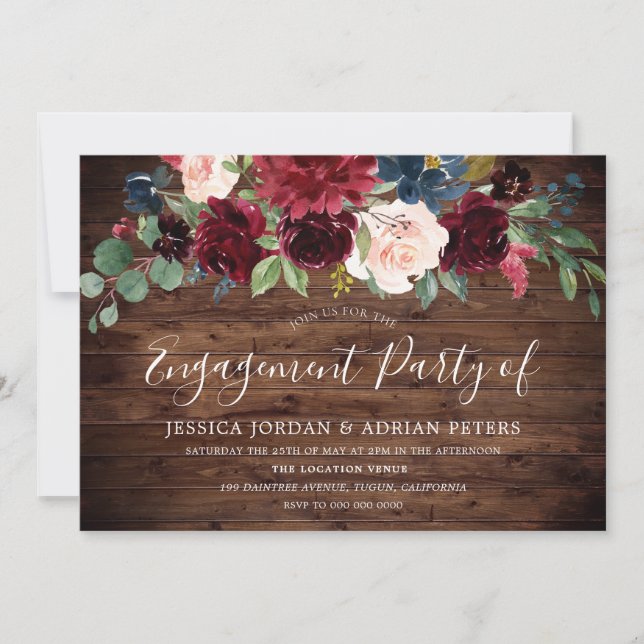 Burgundy Red Rustic Country Engagement Party Invitation (Front)