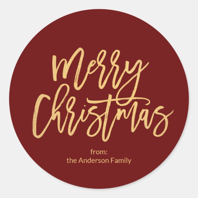 Burgundy Red Rustic Gold Merry Christmas Classic Round Sticker (Front)