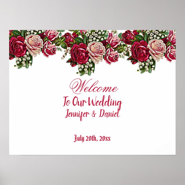  Burgundy Red Rustic Roses Country Wedding Welcome Poster (Front)