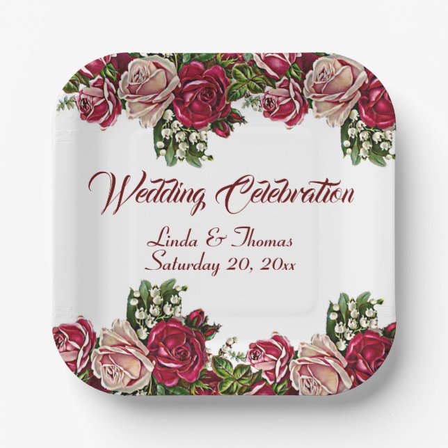 Burgundy Red Rustic Roses Floral Country Wedding   Paper Plate (Front)
