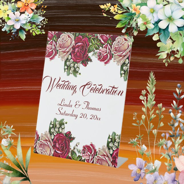 Burgundy Red Rustic Roses Floral Country Wedding Pedestal Sign (Burgundy Red Rustic Roses Floral Country Wedding Pedestal Sign)