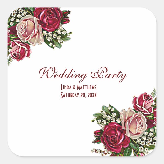 Burgundy Red Rustic Roses Floral Country Wedding Square Sticker (Front)