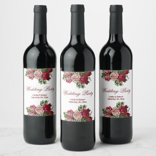 Burgundy Red Rustic Roses Floral Country Wedding Wine Label