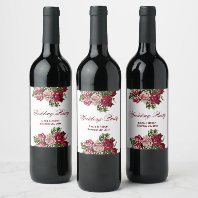 Burgundy Red Rustic Roses Floral Country Wedding Wine Label (Bottles)