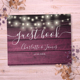 Burgundy Red Rustic Wood String Lights Wedding Guest Book