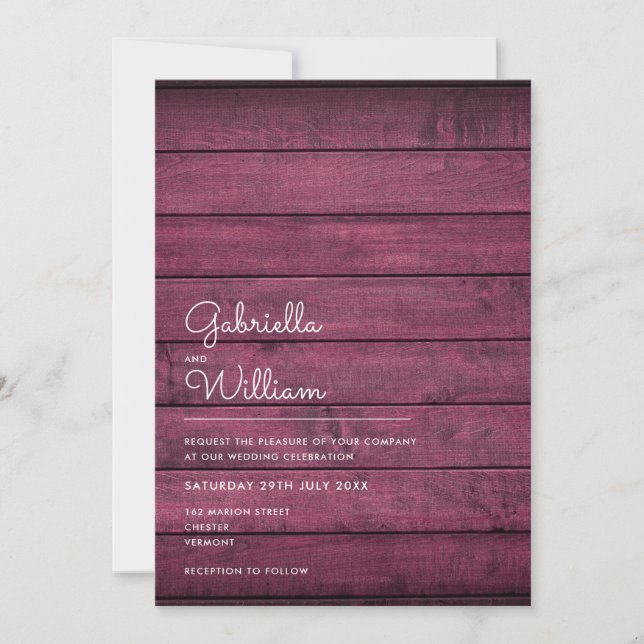 Burgundy Red Rustic Wood Wedding Invitation (Front)