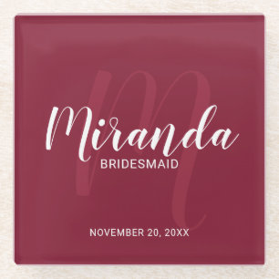 Burgundy Red Script Personalised Bridesmaids Glass Coaster